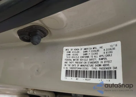 2017 Honda Accord Lx из США, поврежденный, VIN 1HGCR2F34HA132363